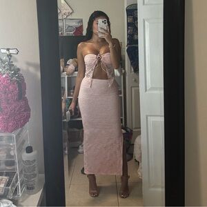 Pink two pieces summer v-neck lace top & skirt